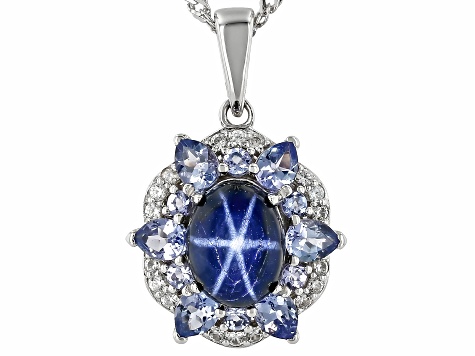 Blue Star Sapphire Rhodium Over Silver Pendant With Chain 1.35ctw