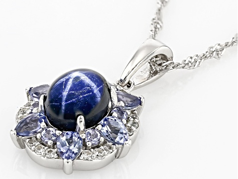 Blue Star Sapphire Rhodium Over Silver Pendant With Chain 1.35ctw