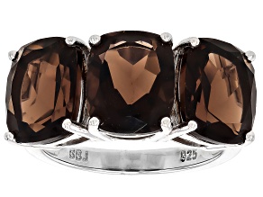 Brown Smoky Quartz Rhodium Over Sterling Silver 3-Stone Ring 6.89ctw