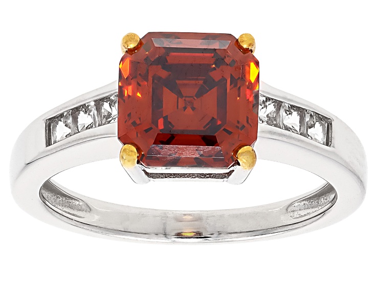 Cognac Strontium Titanate Rhodium Over 18k Yellow Gold Sterling Silver Ring