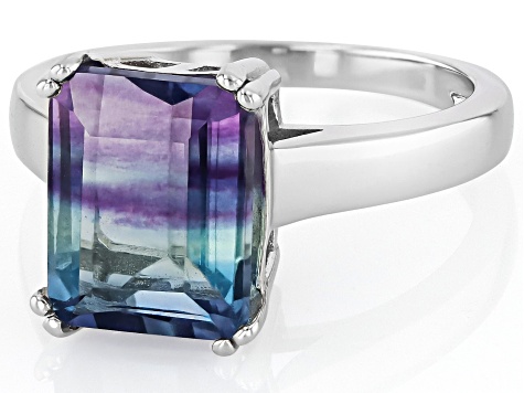Bi-color Fluorite Rhodium Over Sterling Silver Solitaire Ring 2.98ct