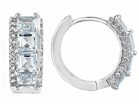 Blue Aquamarine Rhodium Over Sterling Silver Hoop Earrings 2.02ctw