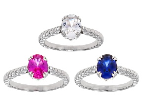Blue Lab Created Sapphire Rhodium Over Sterling Silver Ring Set Of 3 Rings 3.73ctw