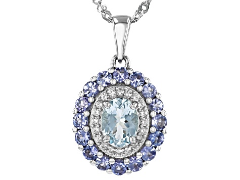 Blue Aquamarine Rhodium Over Silver Halo Pendant Chain 2.07ctw
