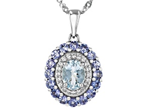 Blue Aquamarine Rhodium Over Silver Halo Pendant Chain 2.07ctw