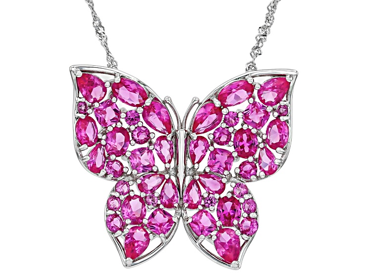 Pink Lab Created Sapphire Rhodium Over Sterling Silver Butterfly Pendant With Chain 8.90ctw