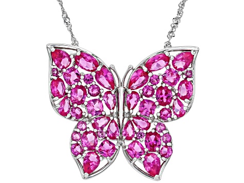 Pink Lab Created Sapphire Rhodium Over Sterling Silver Butterfly Pendant With Chain 8.90ctw