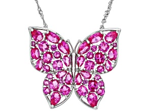 Pink Lab Created Sapphire Rhodium Over Sterling Silver Butterfly Pendant With Chain 8.90ctw