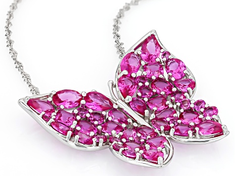 Pink Lab Created Sapphire Rhodium Over Sterling Silver Butterfly Pendant With Chain 8.90ctw