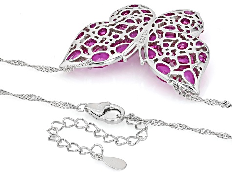 Pink Lab Created Sapphire Rhodium Over Sterling Silver Butterfly Pendant With Chain 8.90ctw