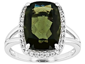 Green Moldavite Rhodium Over Sterling Silver Ring 4.22ctw