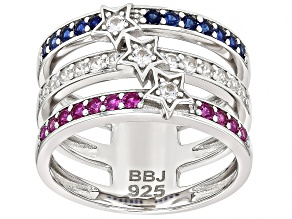 White Lab Created Sapphire Rhodium Over Silver Stars & Stripes Band Ring 3.90ctw