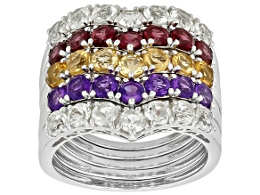 Multi-Gem Rhodium Over Sterling Silver Stackable Ring 3.91ctw