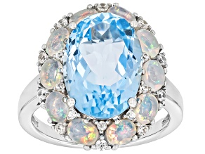 Sky Blue Topaz Rhodium Over Sterling Silver Halo Ring 7.55ctw