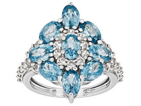 Blue Zircon Rhodium Over Sterling Silver Ring 6.97ctw