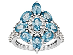 Blue Zircon Rhodium Over Sterling Silver Ring 6.97ctw
