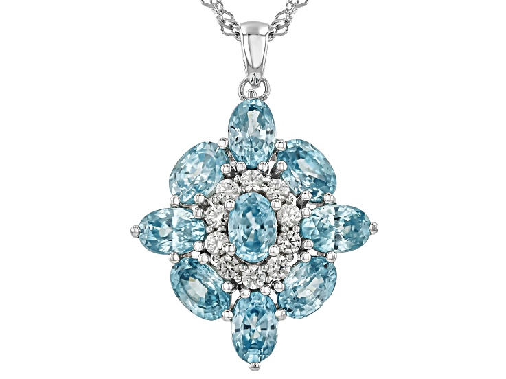 Blue Zircon Rhodium Over Sterling Silver Pendant With Chain 6.18ctw