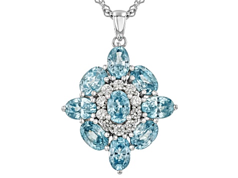 Blue Zircon Rhodium Over Sterling Silver Pendant With Chain 6.18ctw
