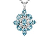 Blue Zircon Rhodium Over Sterling Silver Pendant With Chain 6.18ctw