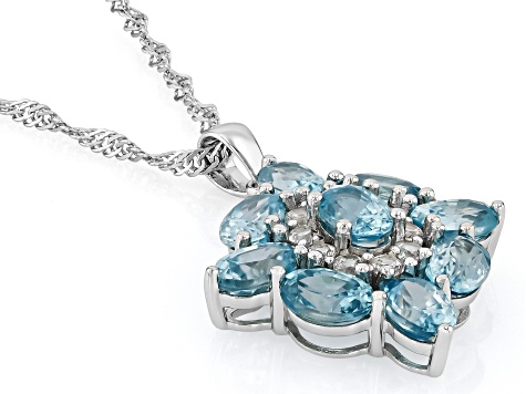 Blue Zircon Rhodium Over Sterling Silver Pendant With Chain 6.18ctw