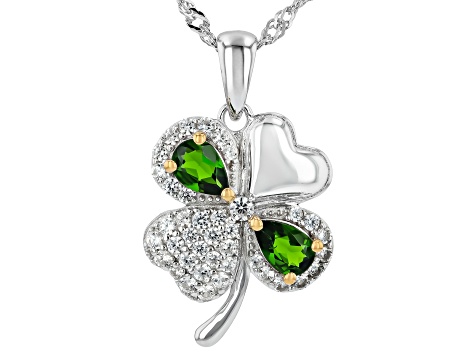 Green Chrome Diopside Rhodium Over Silver Two-Tone Clover Pendant With Chain 1.77ctw