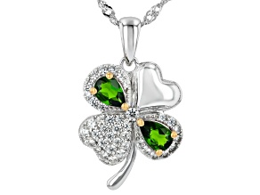Green Chrome Diopside Rhodium Over Silver Two-Tone Clover Pendant With Chain 1.77ctw