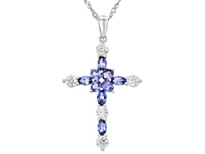 Blue Tanzanite Rhodium Over Sterling Silver Cross Pendant With Chain 2.58ctw