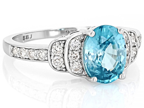 Blue Zircon Rhodium Over Sterling Silver Ring 2.64ctw