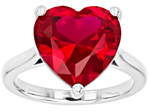 Lab Created Ruby Rhodium Over Sterling Silver Heart Shape Ring 8.28ct