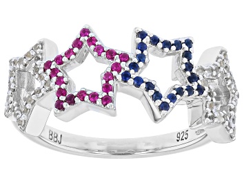 Picture of White & Blue Lab Created Sapphire Rhodium Over Sterling Silver Ring 0.48ctw