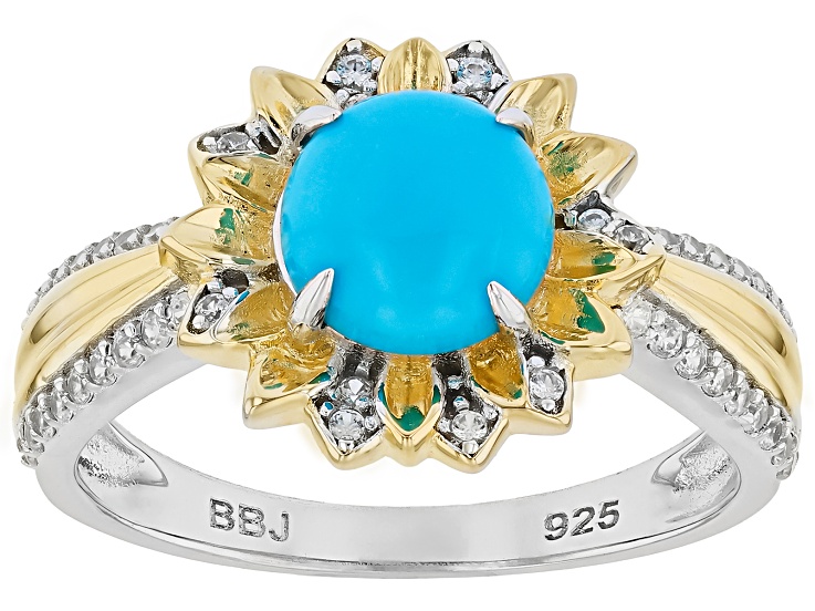 Blue Sleeping Beauty Turquoise Rhodium & 18K Yellow Gold Over Sterling Silver Ring 0.32ctw