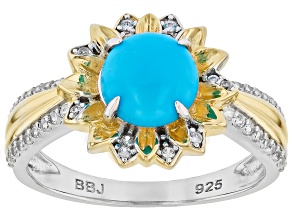 Blue Sleeping Beauty Turquoise Rhodium & 18K Yellow Gold Over Sterling Silver Ring 0.32ctw