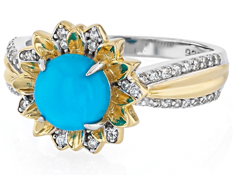 Blue Sleeping Beauty Turquoise Rhodium & 18K Yellow Gold Over Sterling Silver Ring 0.32ctw