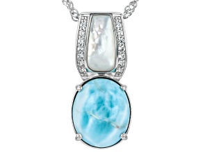 Blue Larimar Rhodium Over Sterling Silver Pendant With Chain 0.18ctw