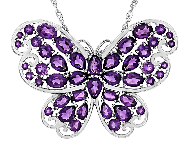 Purple African Amethyst Rhodium Over Sterling Silver Butterfly Pendant With Chain 9.35ctw