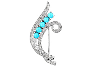 Blue Sleeping Beauty Turquoise With White Zircon Rhodium Over Sterling Silver Brooch 0.47ctw