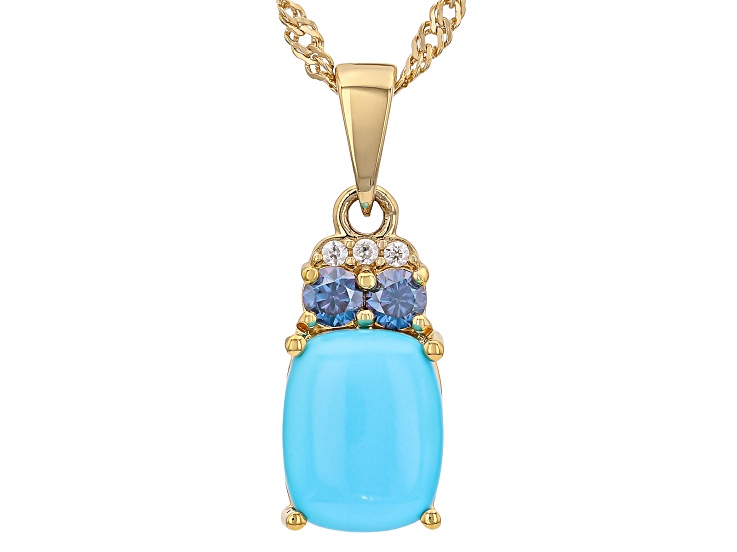 Blue Sleeping Beauty Turquoise with Moissanite 18K Yellow Gold Over Silver Pendant 0.18ctw