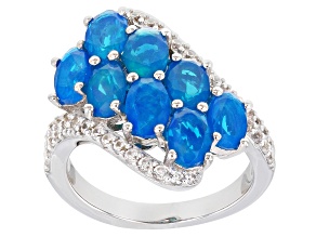 Oval Paraiba Blue Color Opal With Round White Zircon Rhodium Over Sterling Silver Ring 2.78ctw