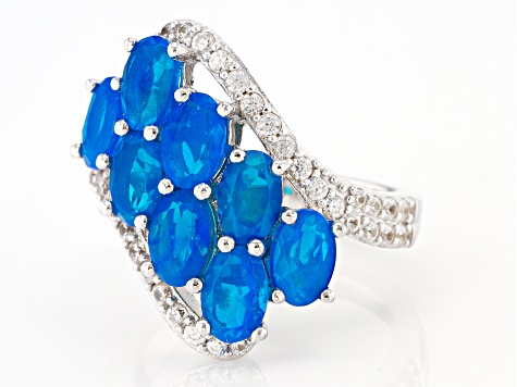 Oval Paraiba Blue Color Opal With Round White Zircon Rhodium Over Sterling Silver Ring 2.78ctw