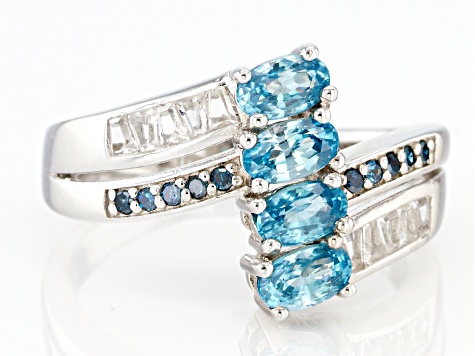 Blue Zircon Rhodium Over Sterling Silver Ring 1.58ctw