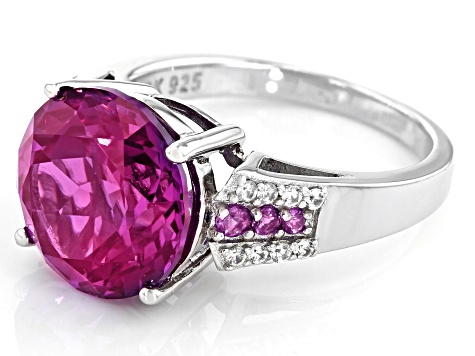 Purple Lab Created Color Change Sapphire, Amethyst & Zircon Rhodium Ring. 7.41ctw