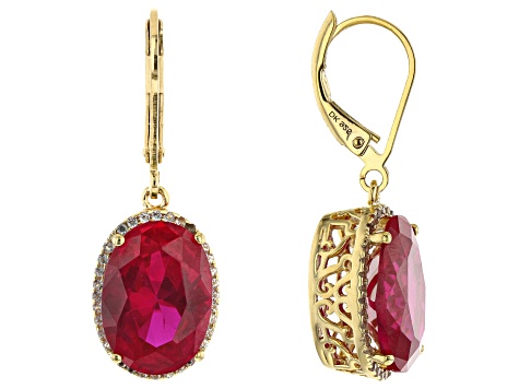 Lab Created Ruby With Round White Topaz 18K Gold Over Silver Dangle Earrings 13.02ctw