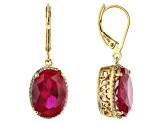 Lab Created Ruby With Round White Topaz 18K Gold Over Silver Dangle Earrings 13.02ctw