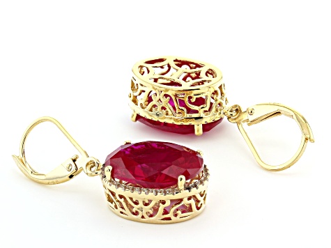 Lab Created Ruby With Round White Topaz 18K Gold Over Silver Dangle Earrings 13.02ctw