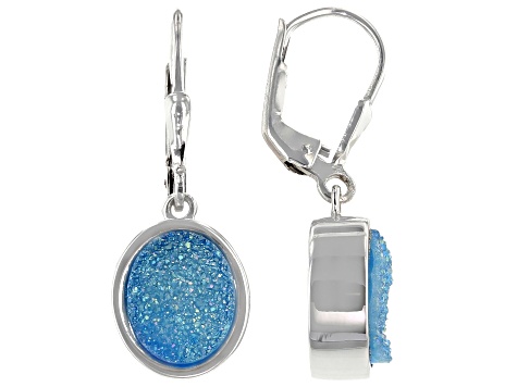 Blue Druzy Quartz Rhodium Over Sterling Silver Earrings