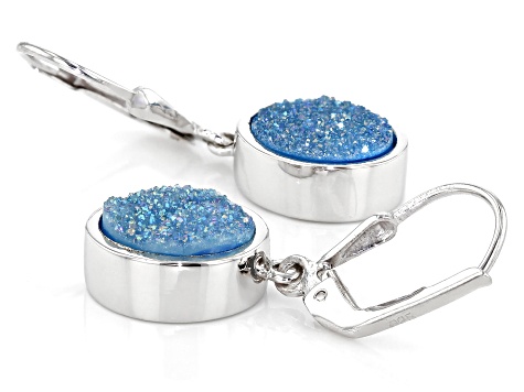 Blue Druzy Quartz Rhodium Over Sterling Silver Earrings