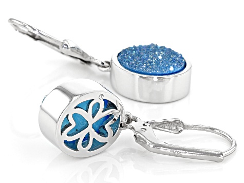Blue Druzy Quartz Rhodium Over Sterling Silver Earrings