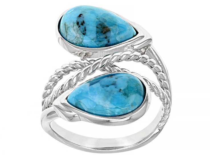 Blue Turquoise Rhodium Over Sterling Silver Bypass Ring   CTH