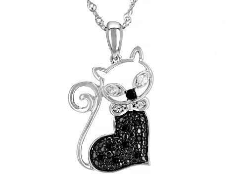 Black Spinel Rhodium Over Silver Cat Pendant With Chain 0.22ctw