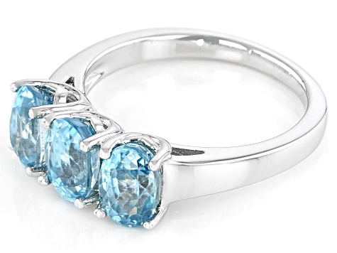 Blue Zircon Rhodium Over Sterling Silver 3-stone Ring 3.80ctw